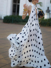 Aurohaya Elegant Polka Dot Backless Halter Evening Gown Maxi Dress White