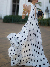 Elegant Polka Dot Backless Halter Evening Gown Maxi Dress