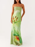 Elegant Satin Unique Floral Print Off Shoulder Maxi Dress