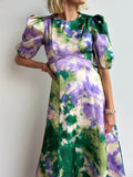 Retro Tie-Dye Puff Sleeve A-Line Maxi Dress