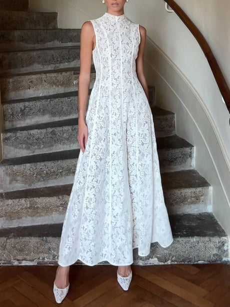 Aurohaya Elegance Timeless Sleeveless Lace Bodycon Maxi Dress White