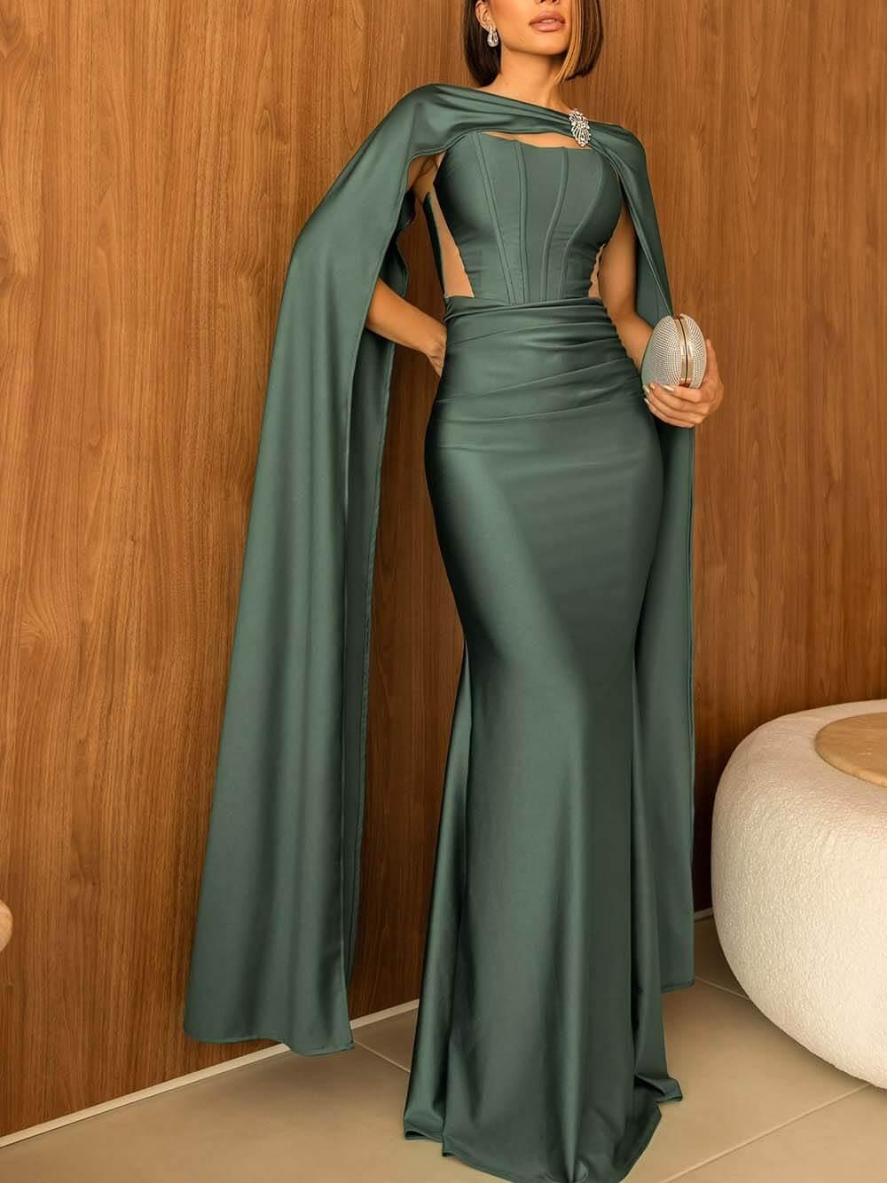 Aurohaya Elegant Strapless Cape Evening Maxi Dress Green