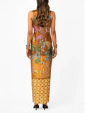 Delicate Floral Print V-Neck Twisted Draped Satin Maxi Dress