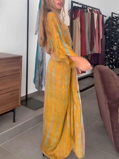 Aurohaya Casual Bohemian Kimono-Inspired Tie-Dye Waisted Maxi Dress