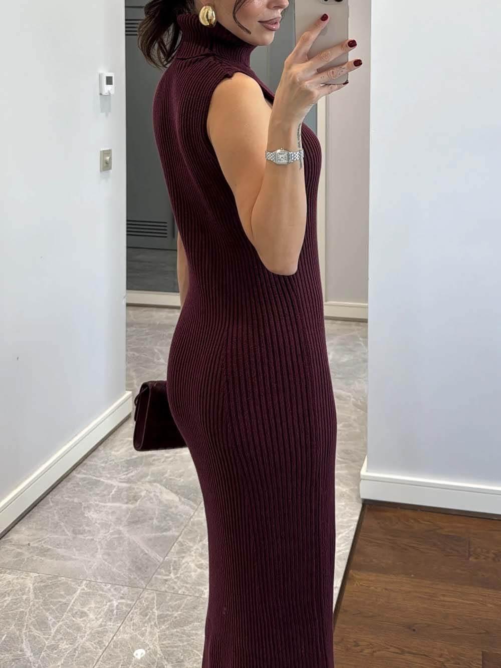 Aurohaya Elegant High-Neck Ribbed Knit Sleeveless Maxi Dress