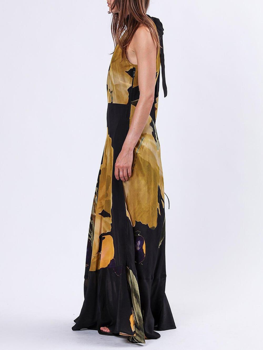 Aurohaya Unique Yellow Floral Print Straight Maxi Dress