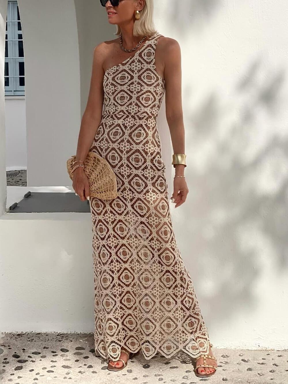 Aurohaya Summer Obsession One-Shoulder Crochet Lace Maxi Dress White