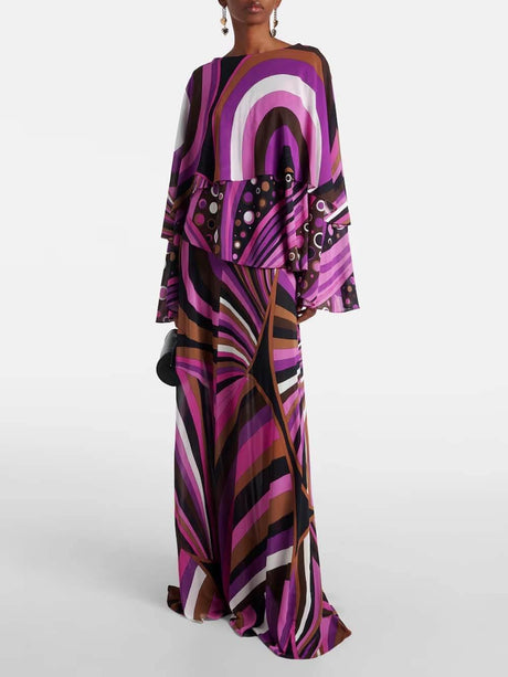 Aurohaya Unique Rainbow Print Layered Satin Maxi Dress Purple