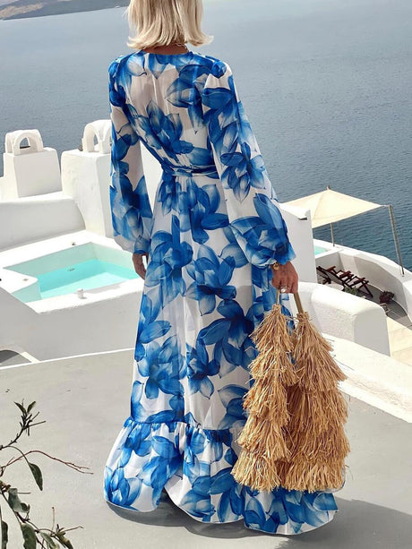 Aurohaya Elegant Floral Print Tie-Front Lantern Sleeve Vacation Maxi Dress