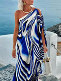Unique Printed Cutout One-shoulder Holiday-style Loose Maxi Dress