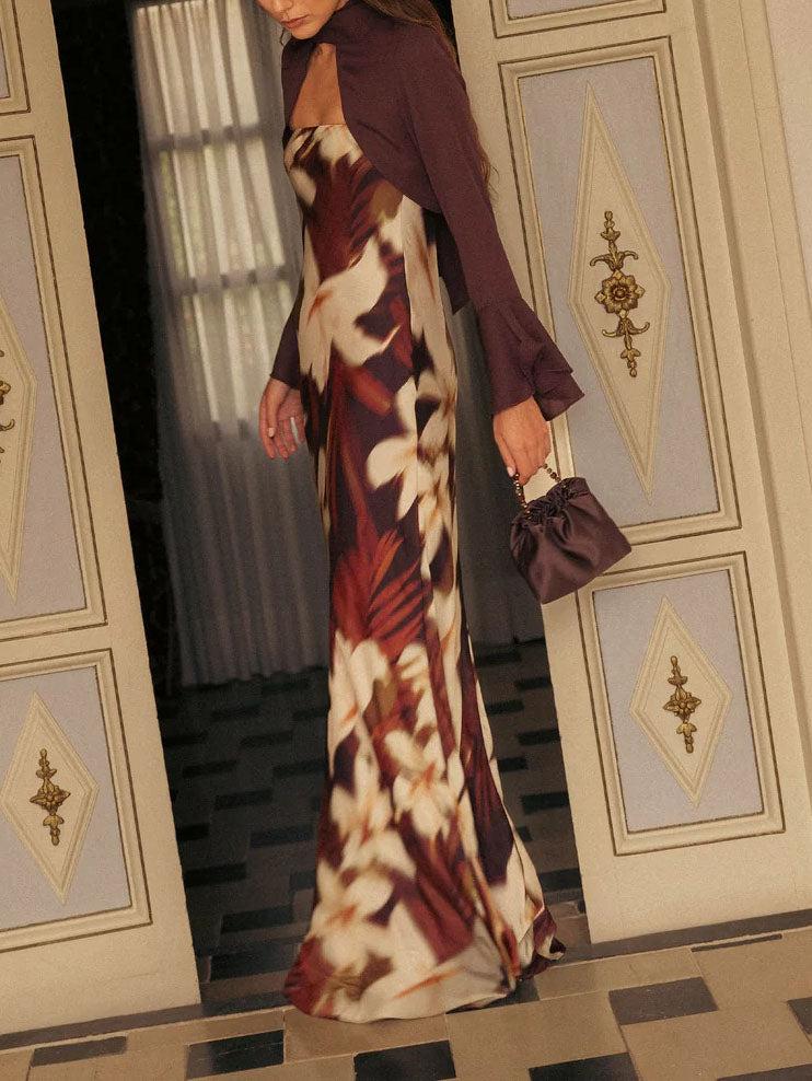 Aurohaya Elegant Chiffon Shirt Vintage Floral Print Long Dress Set