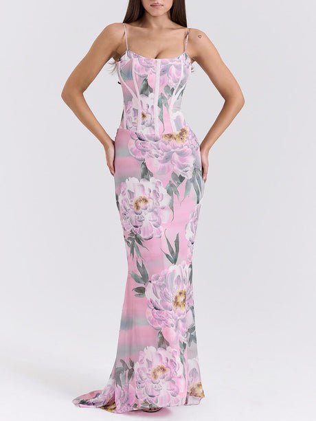 Aurohaya Retro Pink Floral Print Corset Maxi Dress Pink
