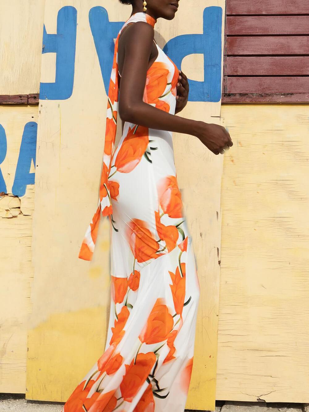 Aurohaya Exquisite Satin Open Back Floral Print Maxi Dress
