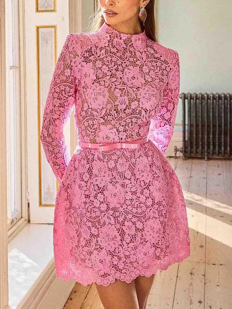 Aurohaya Elegant Floral Lace Long Sleeve Cutout Mini Dress Pink