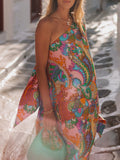 Elegant Breeze Satin Unique Print Bow One Shoulder Loose Maxi Dress