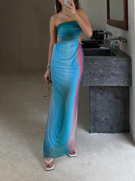 Aurohaya Sexy Strapless Cutout Gradient Printed Vacation Maxi Dress
