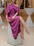 Exquisite Satin Irregular Lapel Neckline Design Ruched Maxi Dress