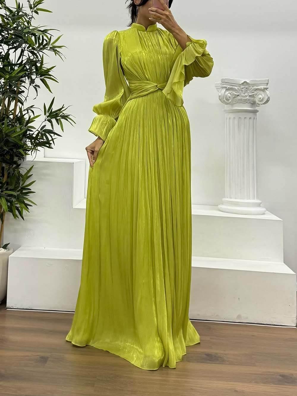 Aurohaya Fashionable Pleated Waist Long-Sleeved Chiffon Evening Maxi Dress