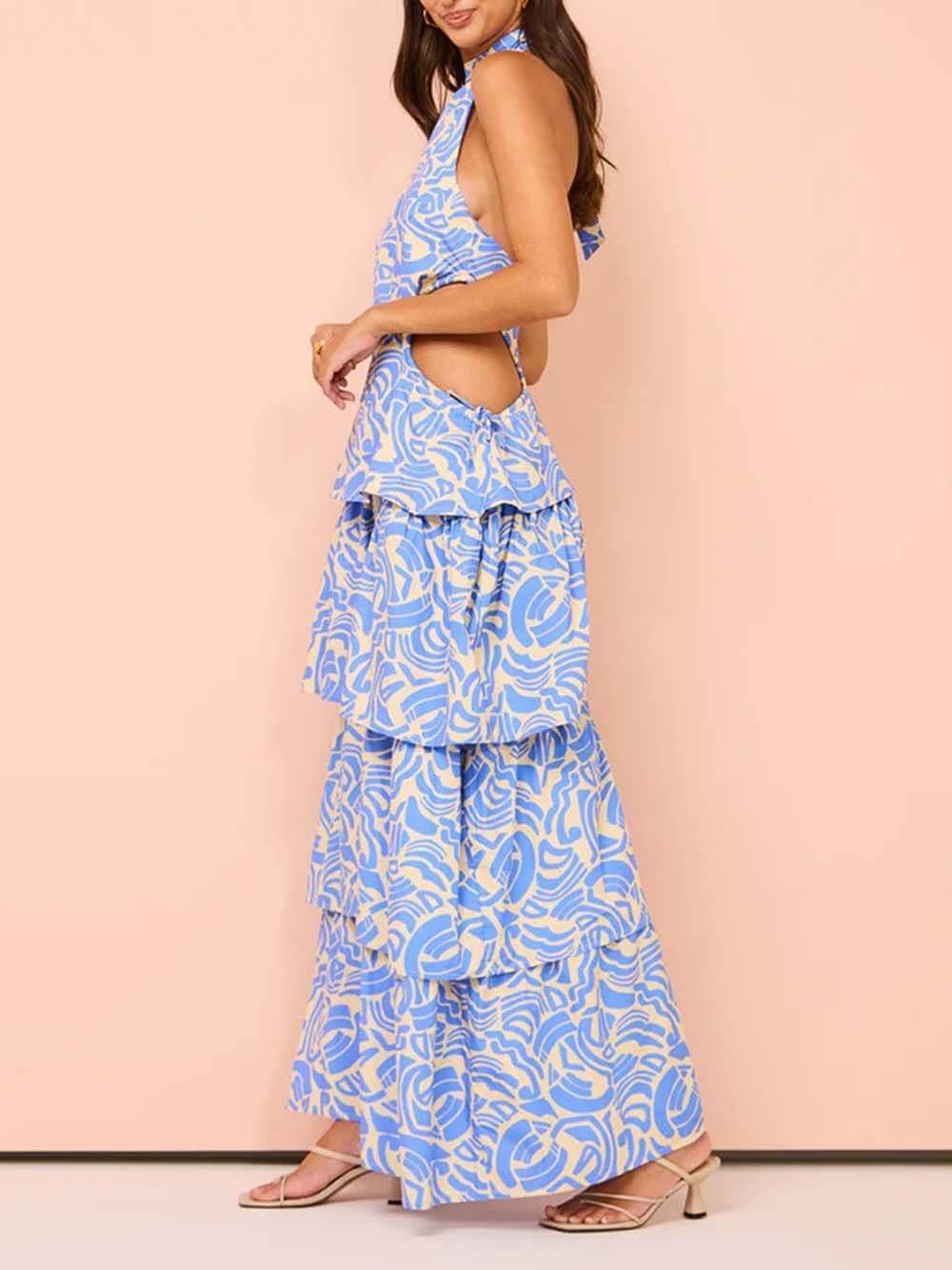 Aurohaya Delicate Blue Swirl Print Halter Neck Backless Maxi Dress