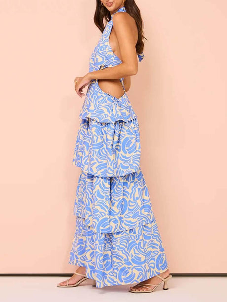 Aurohaya Delicate Blue Swirl Print Halter Neck Backless Maxi Dress