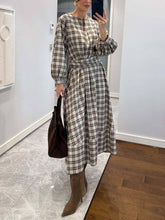 Aurohaya Retro Plaid Print Belted Midi Dress Light Brown