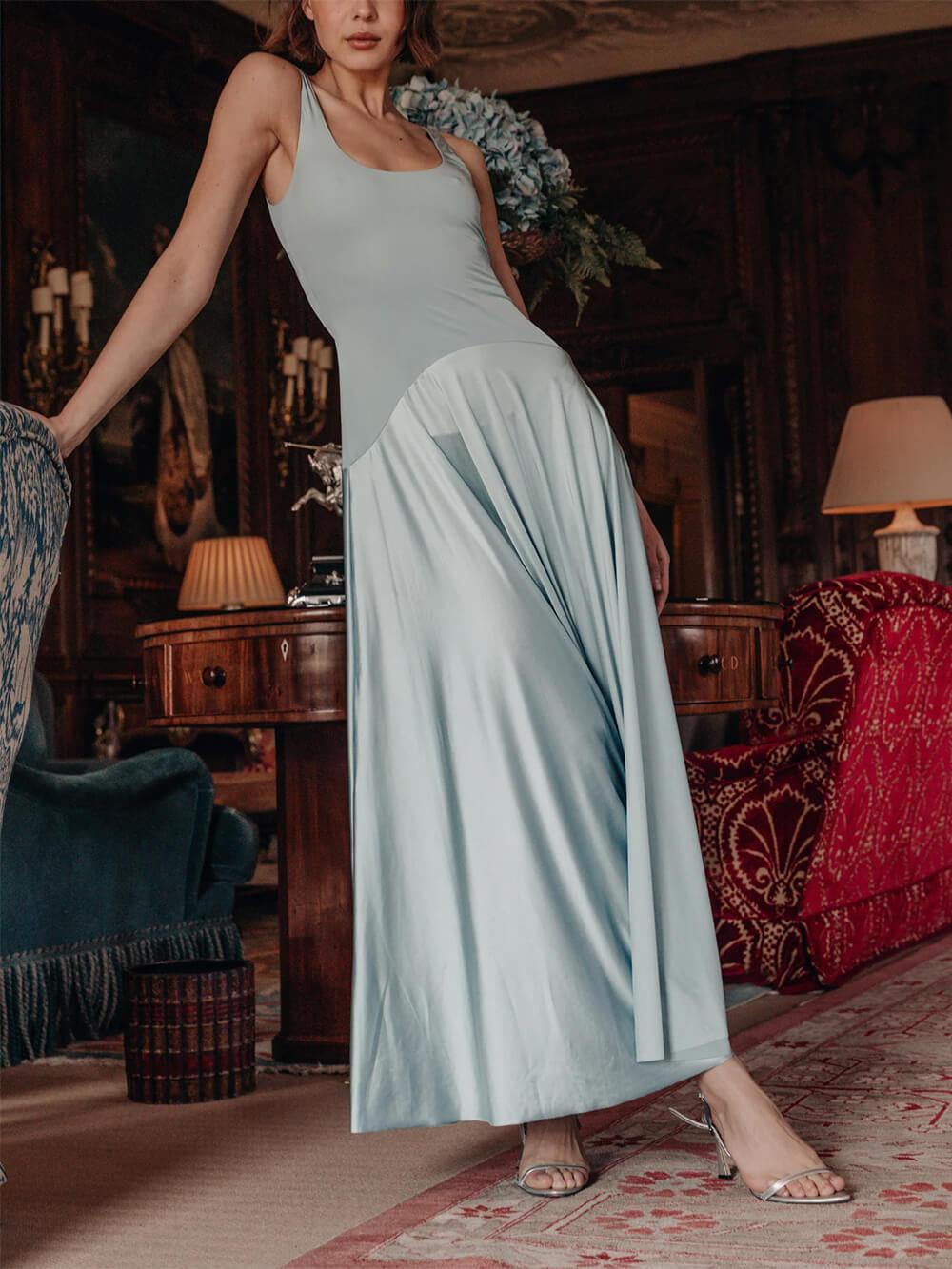 Aurohaya Elegant Curved Waist Spliced Satin Party Maxi Dress