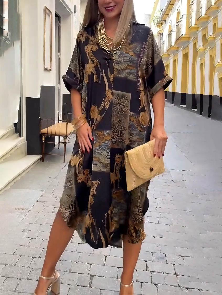 Aurohaya Retro Satin Print V-Neck Shirt Midi Dress Black