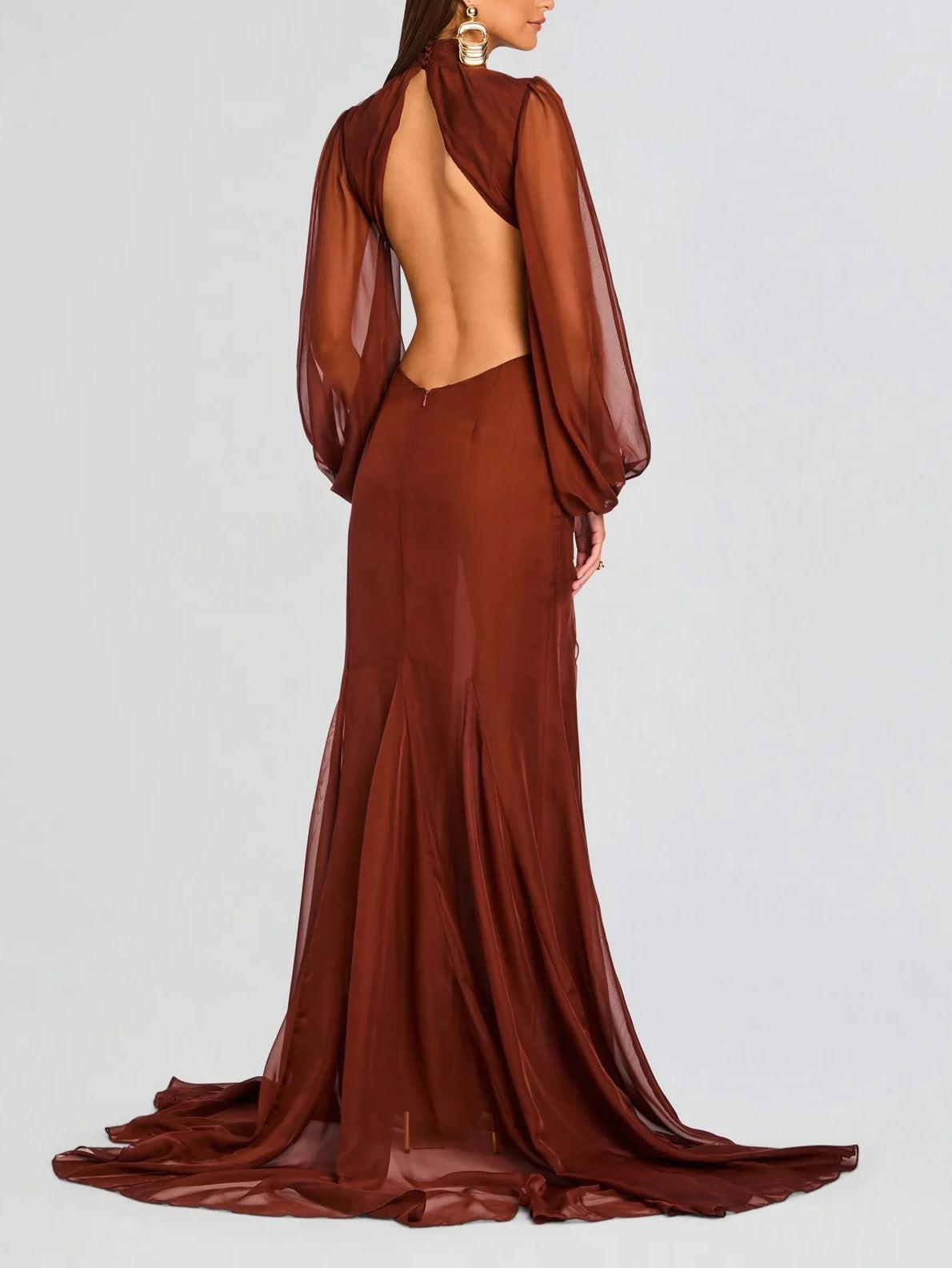 Aurohaya Elegant Cutout High-Neck Long-Sleeved Ruffled Maxi Dress