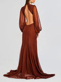 Aurohaya Elegant Cutout High-Neck Long-Sleeved Ruffled Maxi Dress