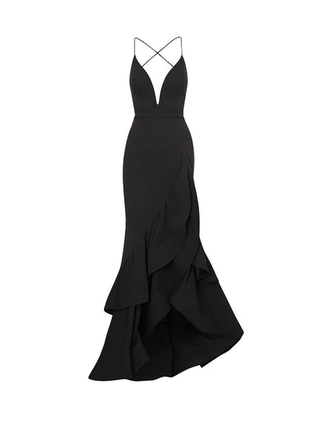 Aurohaya Sexy Deep V-Neck Ruffled Layered Mermaid Maxi Dress Black