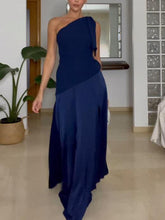 Aurohaya Elegant One-Shoulder Navy Blue Maxi Dress