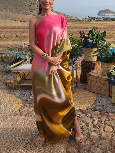 Aurohaya Elegant Satin Tie Dye Print One Shoulder Drape Vacation Maxi Dress