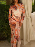 Unique Abstract Geometric Print Mesh Lace-up Maxi Dress