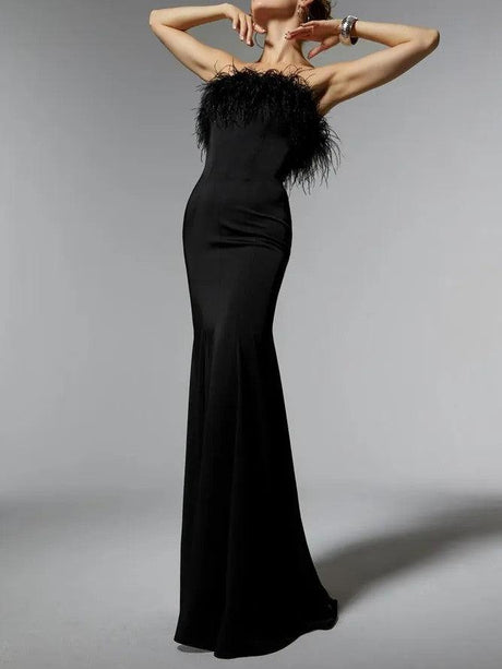 Aurohaya Elegant Off-the-shoulder Feather Floor-length Maxi Dress