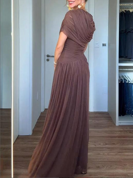 Aurohaya Elegant Asymmetrical Pleated Mesh Short-sleeved Maxi Dress