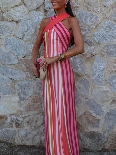 Aurohaya Summer Sunset Samba Cross-Strap Striped Maxi Dress Red