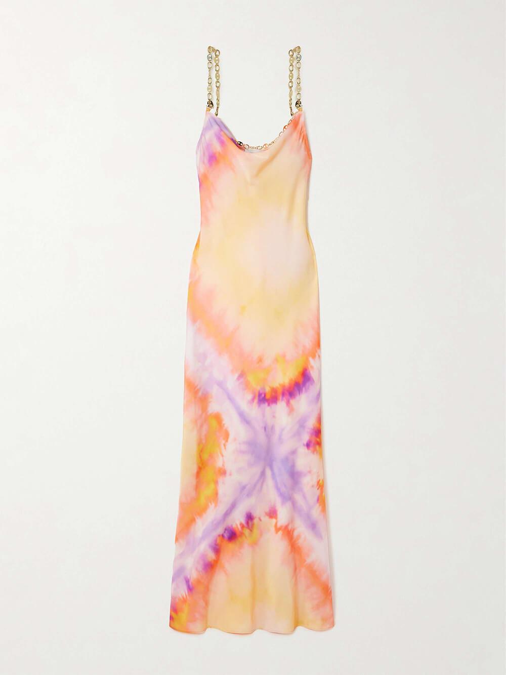 Aurohaya Exquisite Chain-Embellished Tie-Dye Satin Maxi Dress