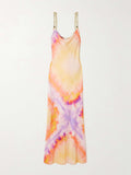 Exquisite Chain-Embellished Tie-Dye Satin Maxi Dress