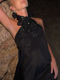 Retro Floral Crochet Satin Halter Backless Tie Maxi Dress