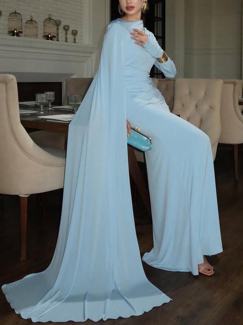 Aurohaya Elegant Satin Pleated Long-sleeved Maxi Dress