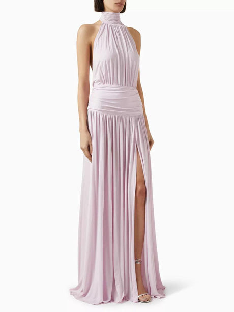 Aurohaya Fashion Halter Neck Pleated Slit Maxi Dress