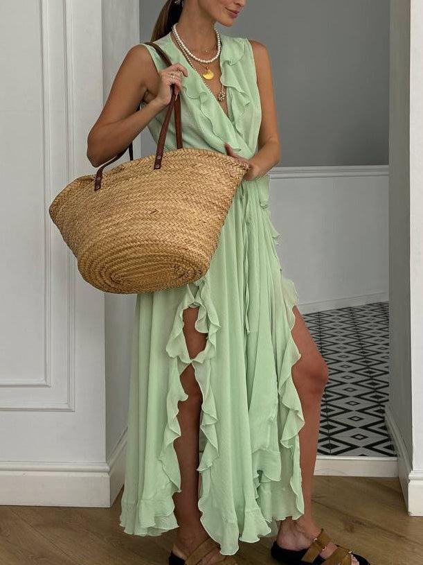 Aurohaya Elegant Ruffled V-Neck High-Slit Maxi Dress
