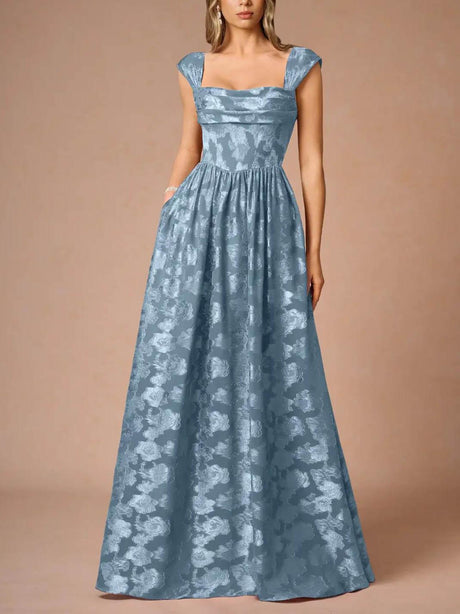 Aurohaya Elegant Drape Neck Floral A-Line Maxi Dress Blue