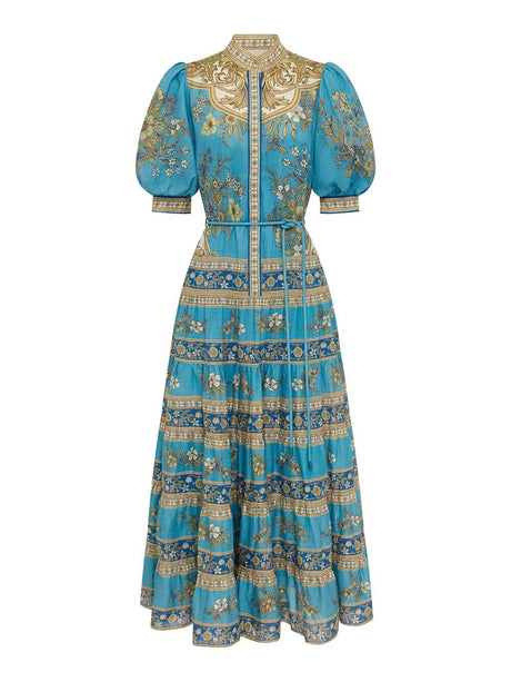 Aurohaya Unique Floral Print Puff Sleeve Tiered Shirt Maxi Dress