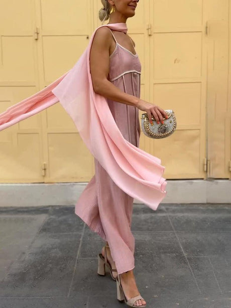 Aurohaya Elegant Draped Spaghetti Strap Maxi Dress With Scarf