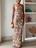 Retro Inspired Floral Print Sequin Square Neck Slip Stretch Maxi Dress
