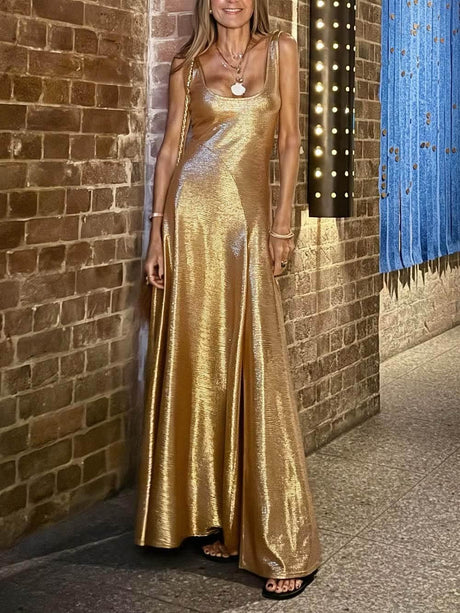Aurohaya Elegant U-Neck Slit Maxi Dress