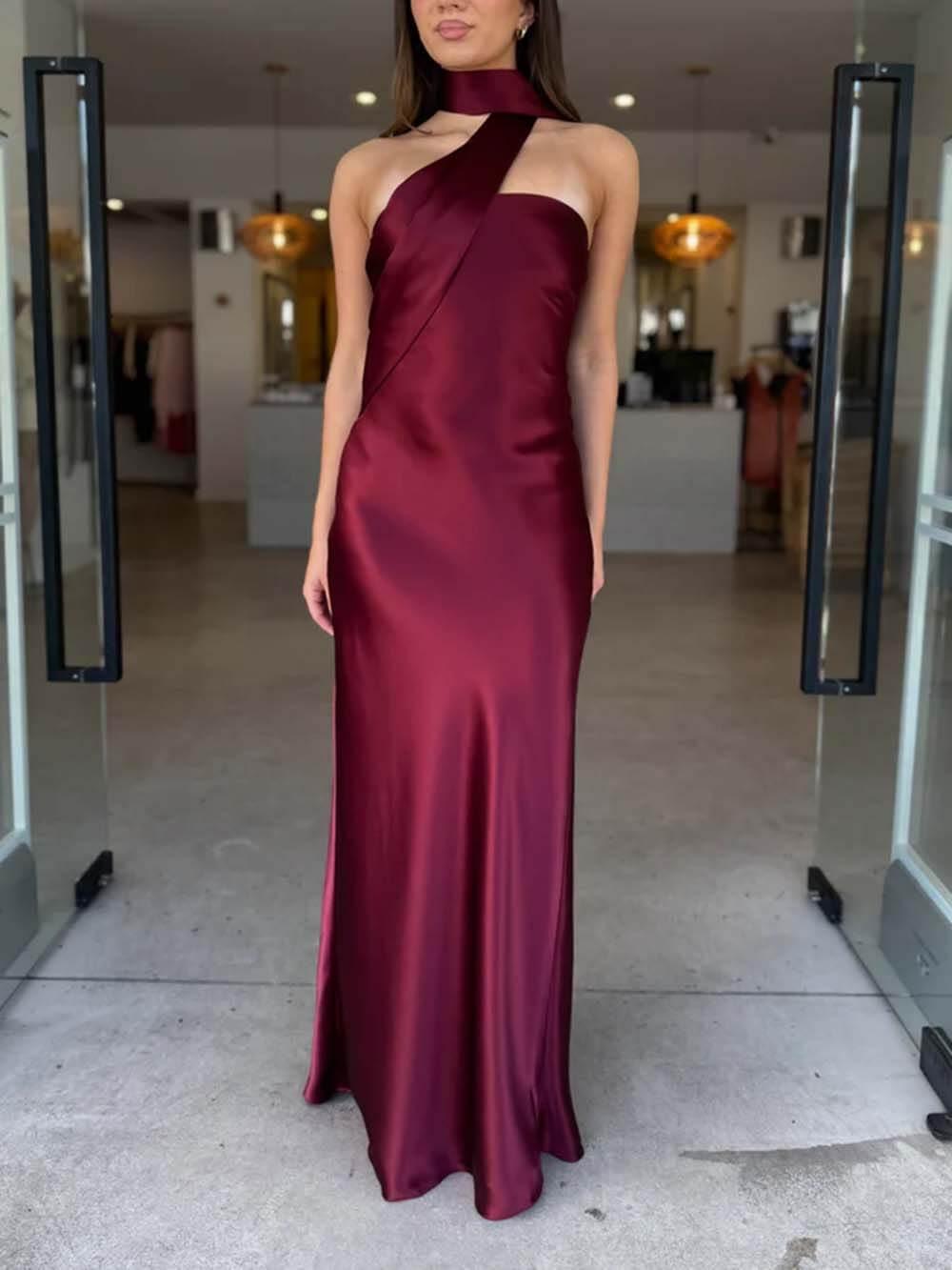 Aurohaya Elegant Satin Tie-Detail Party Maxi Dress Purple