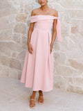 Aurohaya Elegant Off-Shoulder Tie Ruched Midi Dress Pink