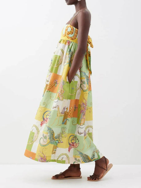 Aurohaya Unique Animal Print Tie Back Pleated Midi Dress